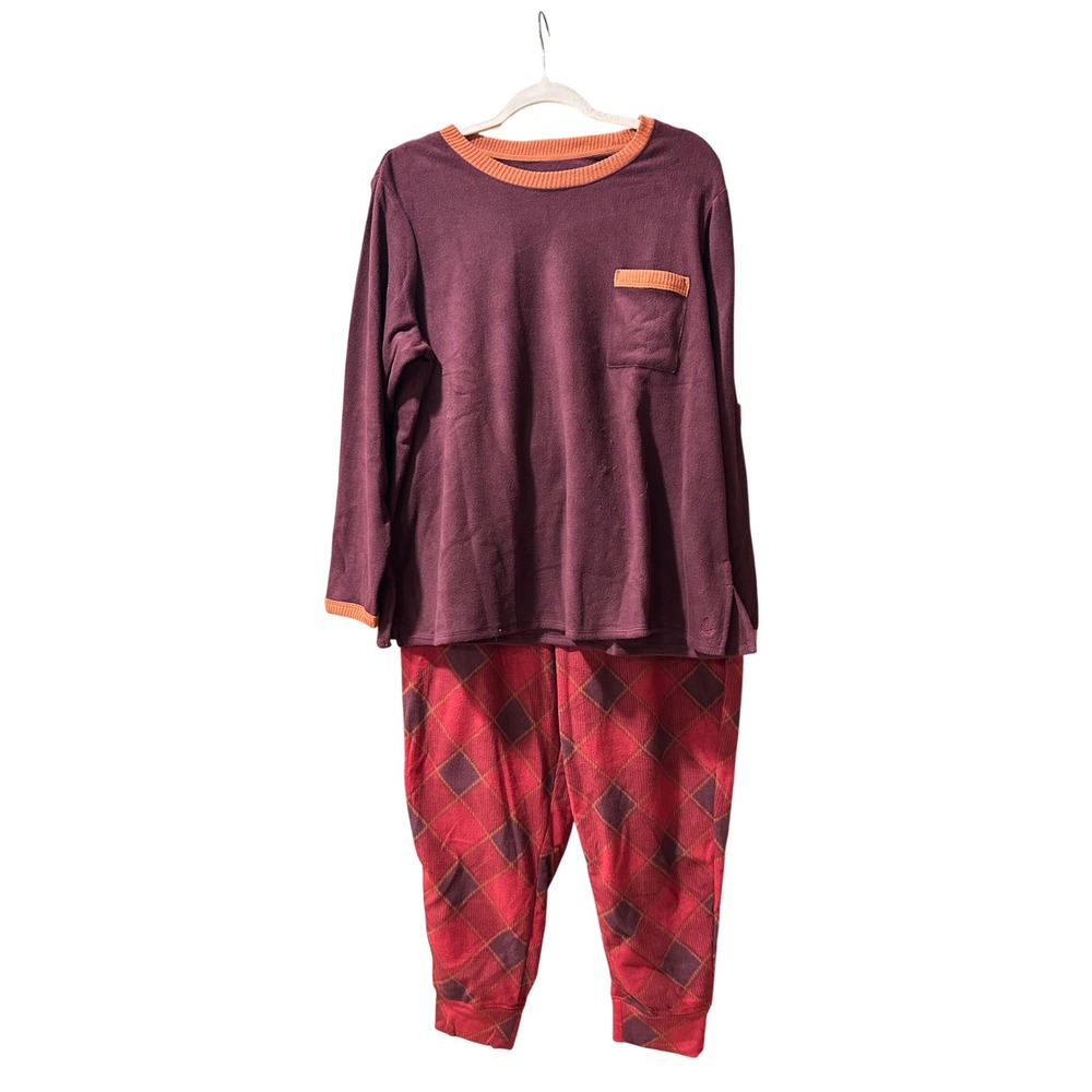 Cuddl Duds Womens PXL Fleece Pajama Set Burgundy Red Argyle Long Sleeve Joggers